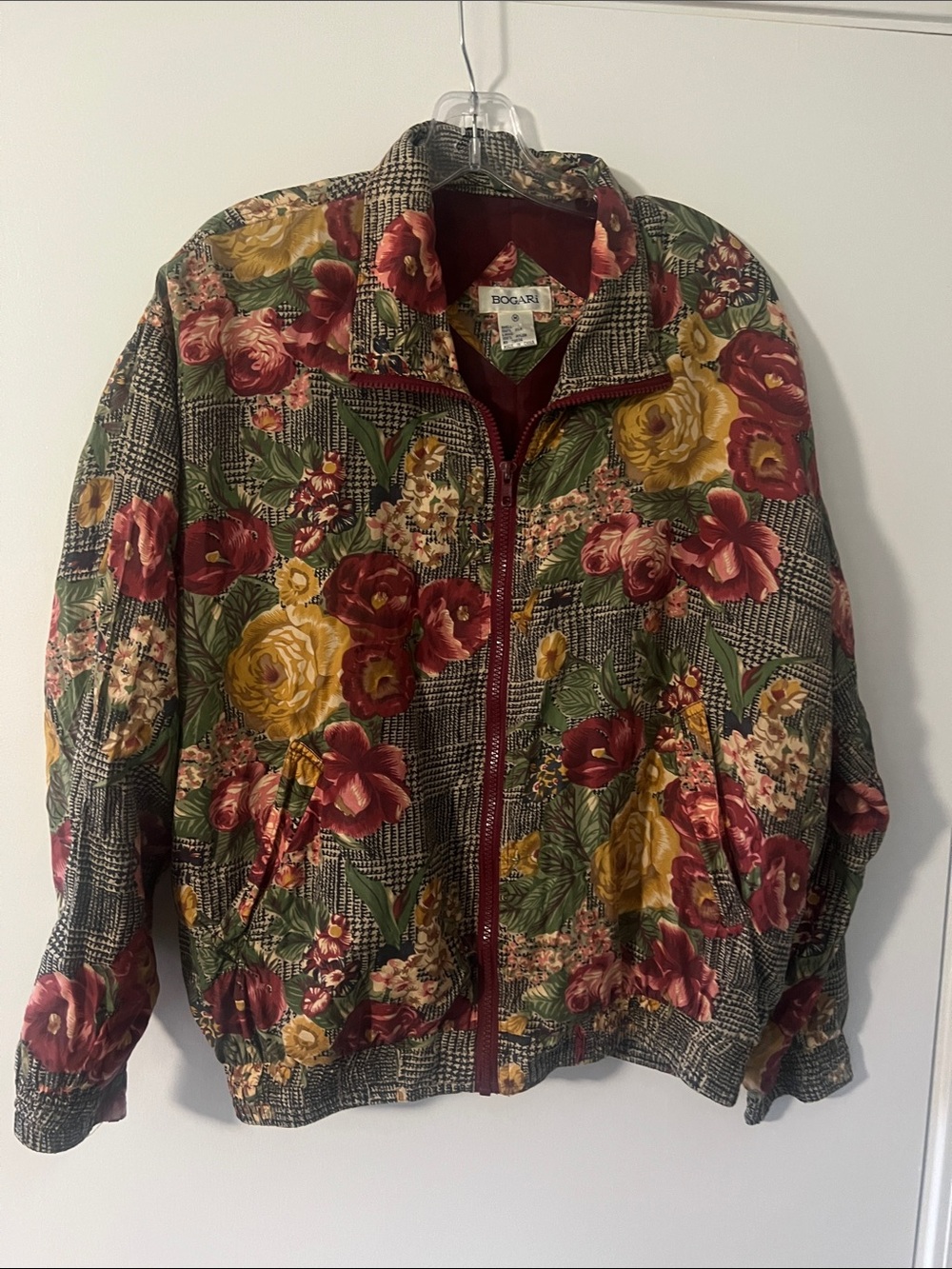 Vintage 90s Bogari Floral 100% Silk Zip Up Bomber‎ Jacket Size Medium